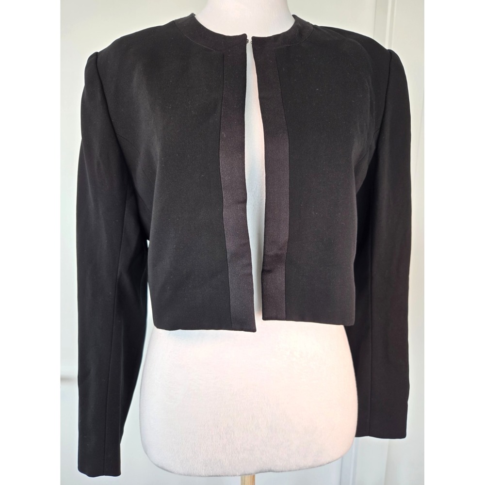 Vintage Y2K Cropped Blazer Black Satin Crew Neck Collar Japanese Made 90s Chic